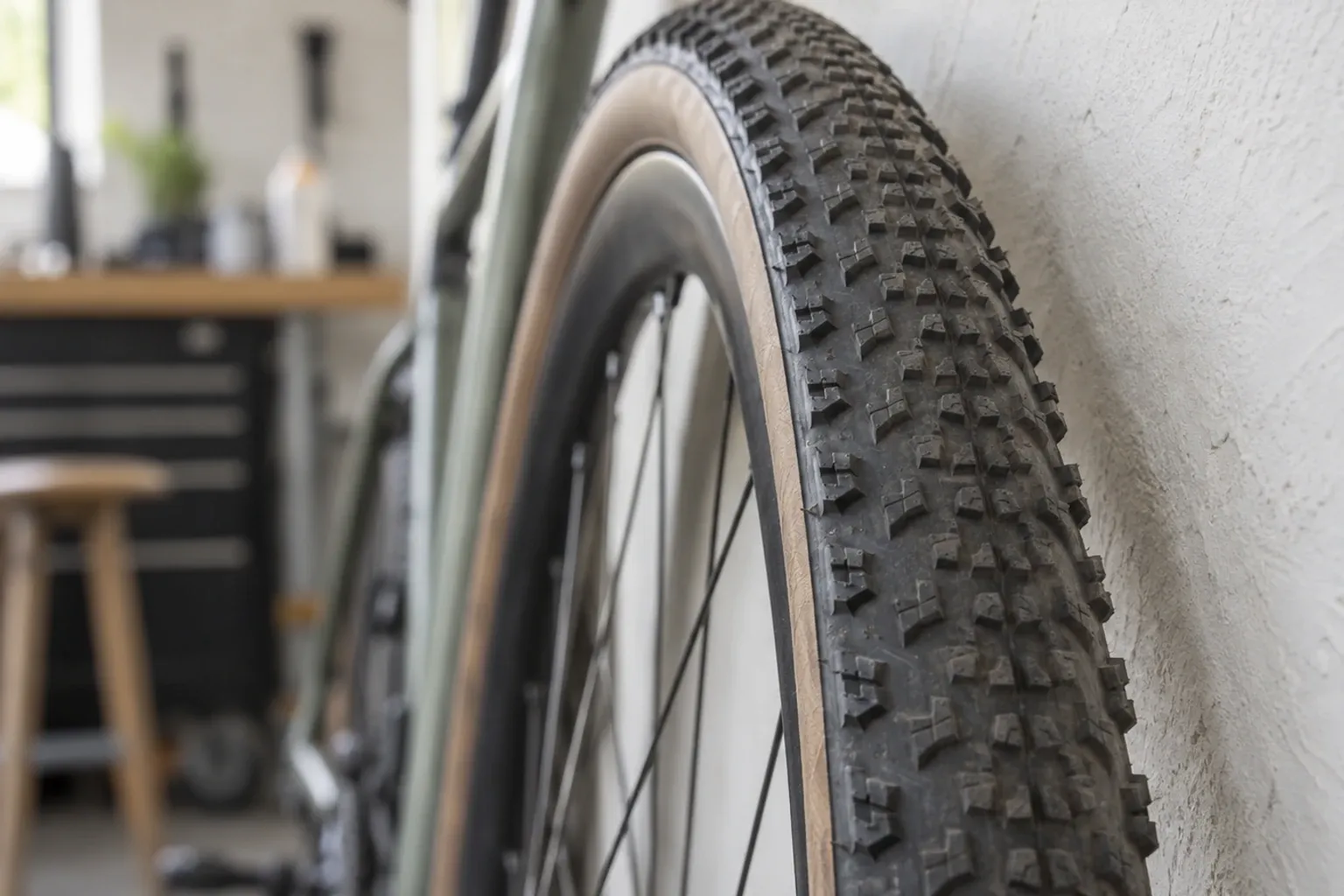 Close-up van knobbly gravelband met tanwall naast binnenmuur in garage