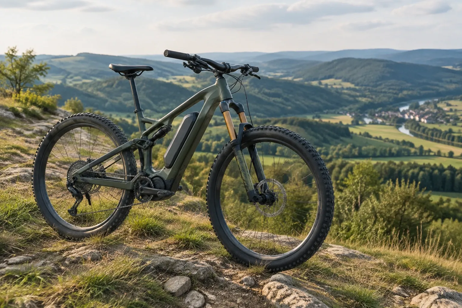Donkergroene elektrische mountainbike op rotsachtig pad met heuvelachtig landschap op achtergrond