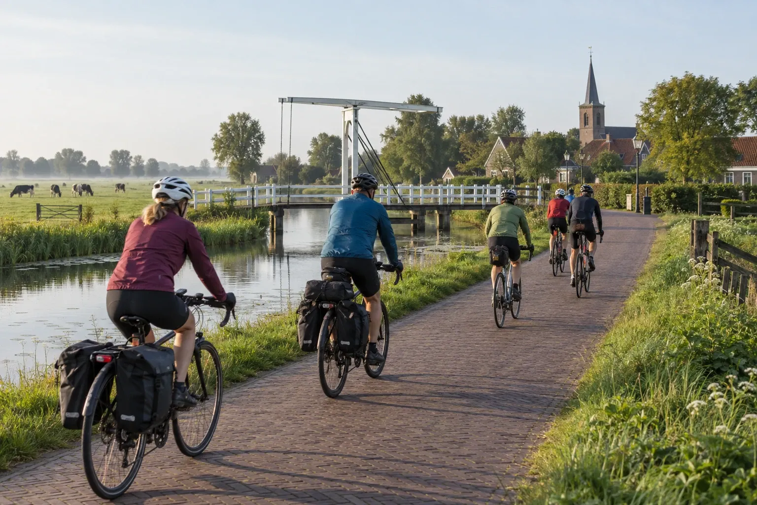 Vijf fietsers met fietstassen rijden langs een kanaal richting dorp en witte ophaalbrug