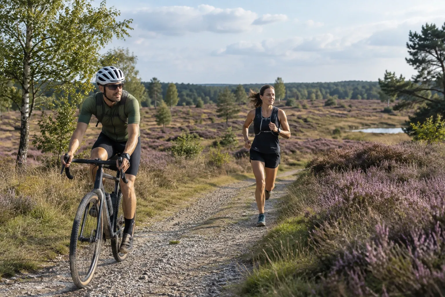 Man fietst op gravelpad, vrouw rent achter hem door paarse heide, zonnig licht