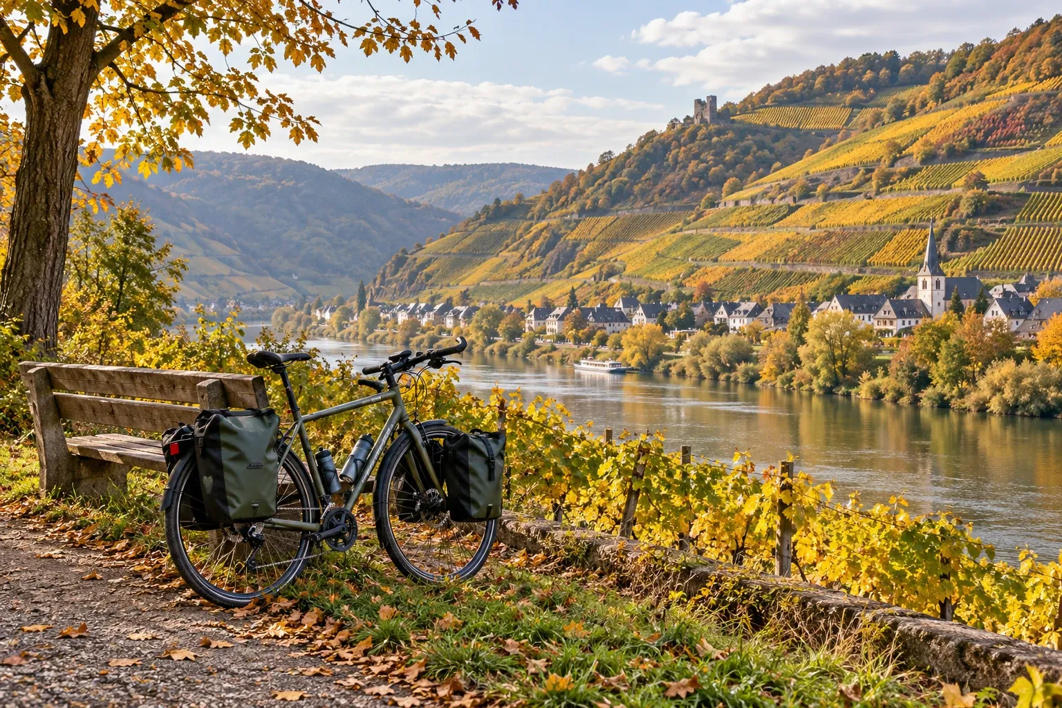 Gepakte toerfiets bij bankje langs rivier, herfstlandschap met wijngaarden en dorp