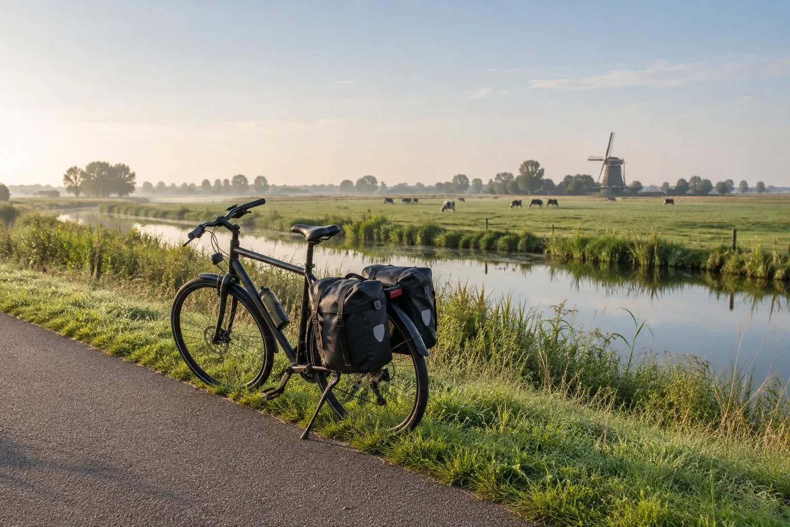 Stille ochtendlucht, fiets met bagage langs kanaal, weiland met koeien en molen in achtergrond
