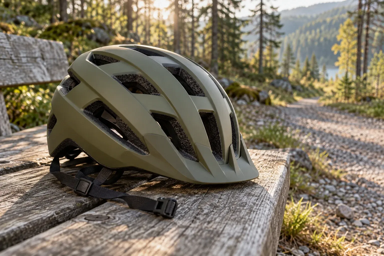 Groene gravelbikehelm op houten bankje bij bosachtig gravelpad in avondlicht