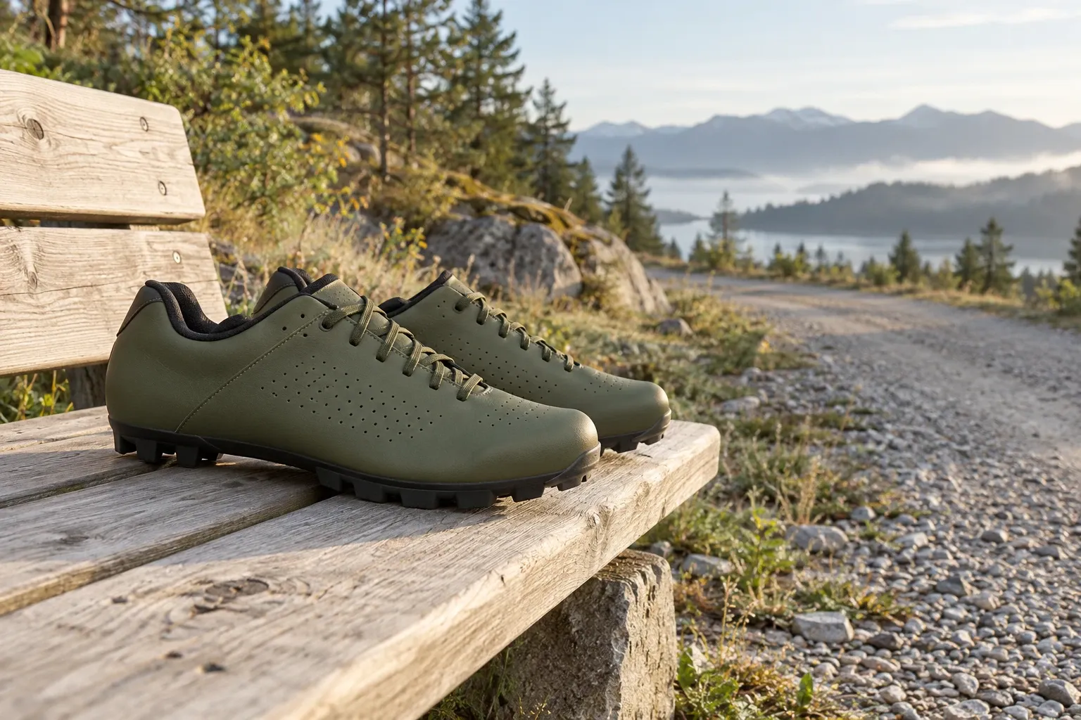 Olijfgroene gravelbikeschoenen op houten bankje langs grindpad met berglandschap op achtergrond