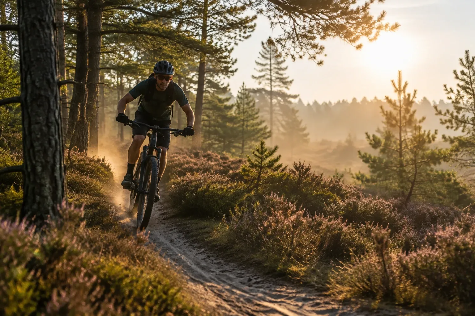 Man mountainbiket op smal bospad bij zonsopgang, stof en heide om hem heen