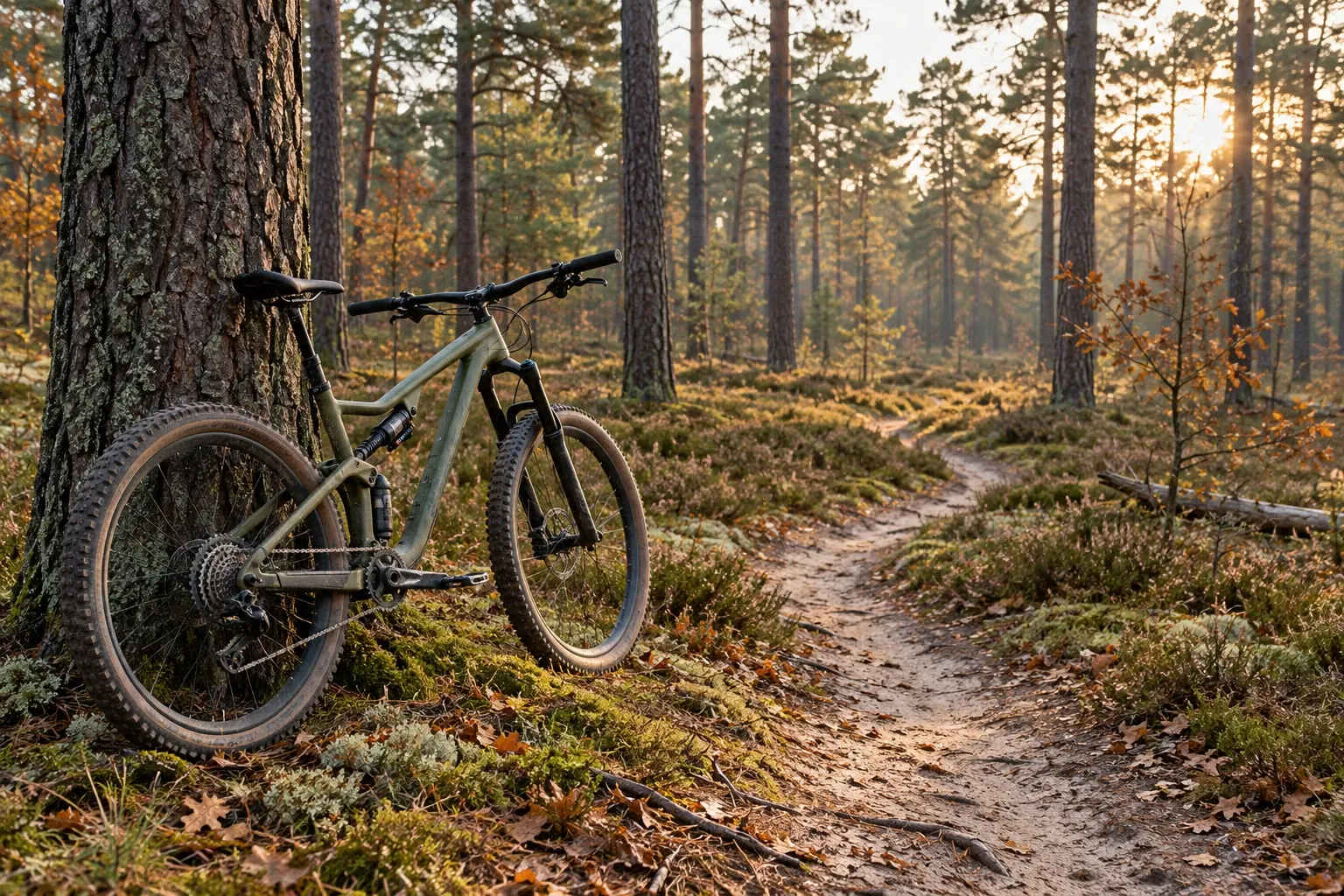 Mountainbike tegen boom naast smal bospad bij zonlicht in naaldbos