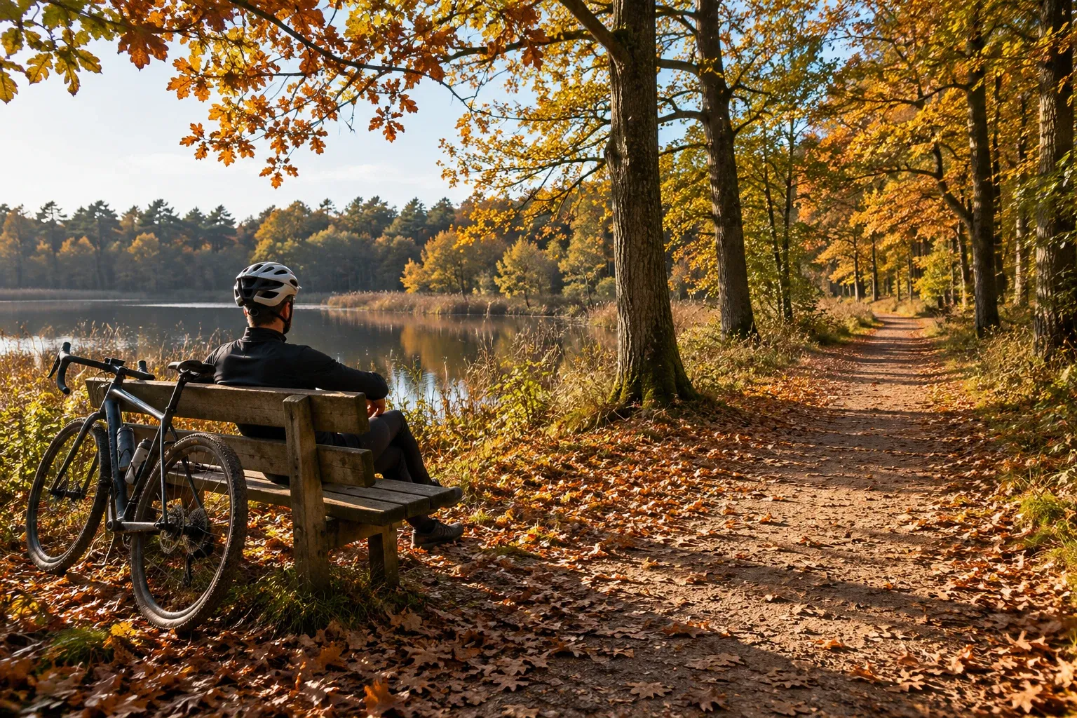 Mountainbiker met helm op bankje kijkt uit over meer langs bosrijk pad in herfstlicht