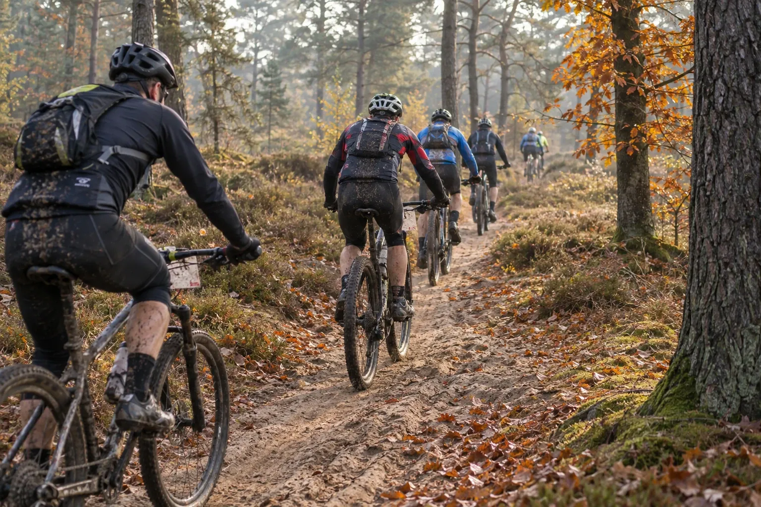 Mountainbikers rijden achter elkaar over een modderig bospad in herfstlicht