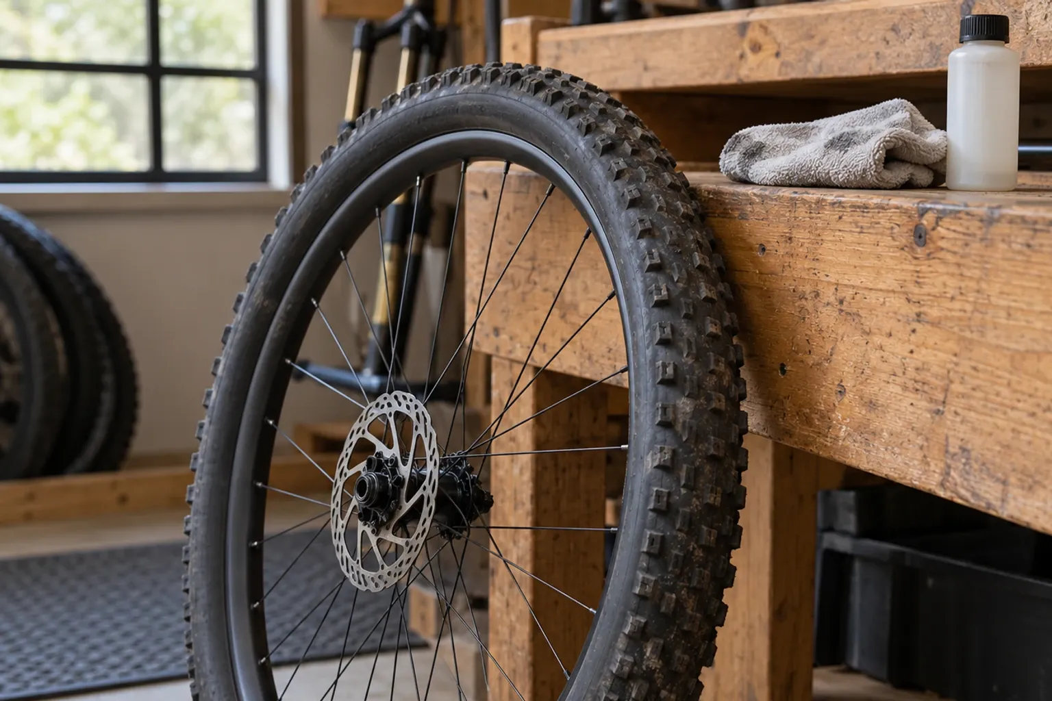 Voorband van mountainbike met tubeless band leunend tegen houten werkbank, doek en fles zichtbaar