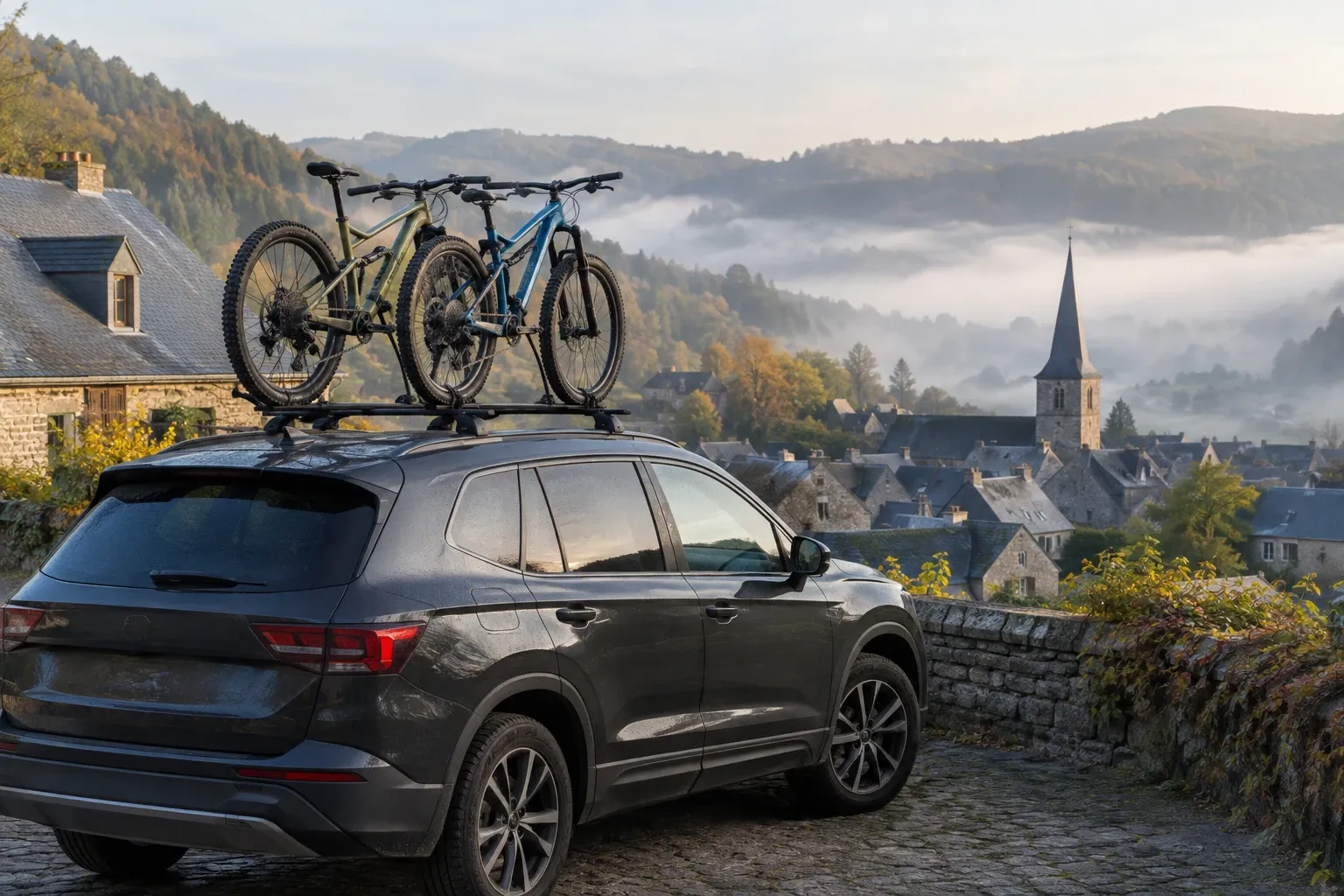 Zwarte SUV met twee mountainbikes op dak, uitzicht over dorpskerk en mistige heuvels ochtendlicht