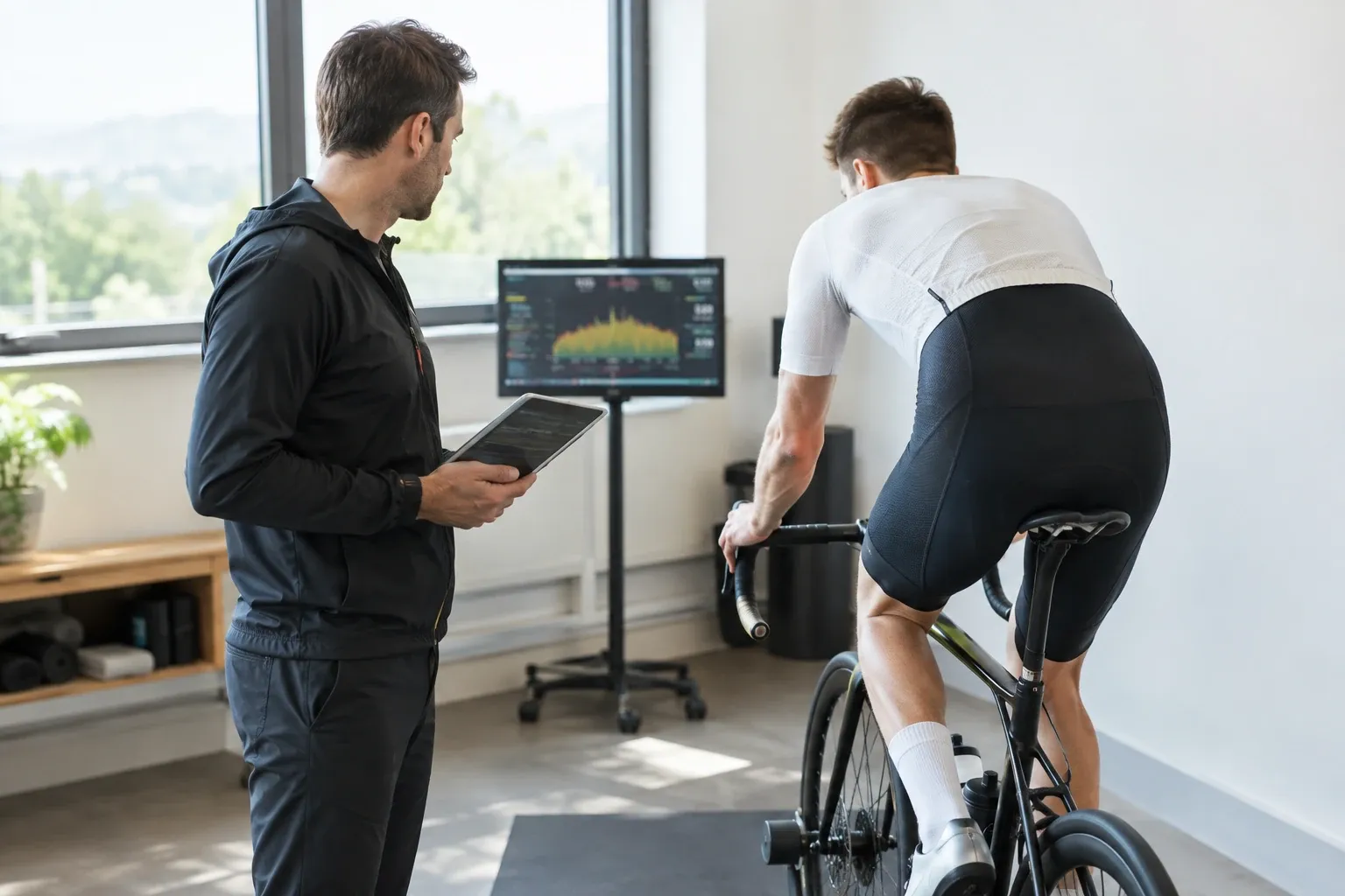 Fietscoach met tablet observeert sporter op racefiets op binnenrol met prestatiemeting scherm